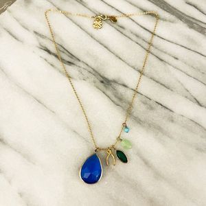 Danielle Stevens Necklace Blue Gold Toned Beaded Pendant Designer